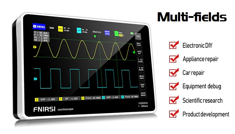 FNIRSI-1013D Digital Tablet Oscilloscope | Dual Channel 100MHz Bandwidth, 1GS/s Sampling Rate | 7" Mini Touchscreen Scope