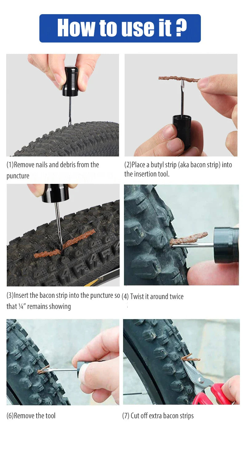 Bike Tubeless Tire Repair Kit — Slug Plug Stopper with Rubber Strips & Insertion Tool for MTB & Road Bikes