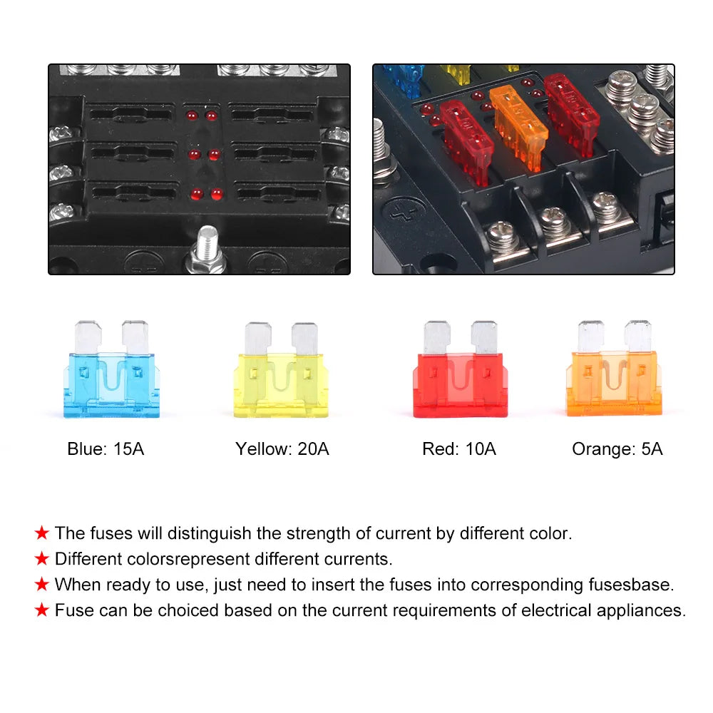 6/12-Way Car & Boat Fuse Box – Waterproof Blade Fuse Block with LED Indicator (12V/32V Auto Marine Power Distribution Panel)