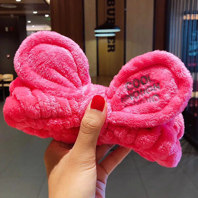 Soft Coral Fleece Bow Headband – Wash Face Hair Holder with Animal Ears for Women & Girls