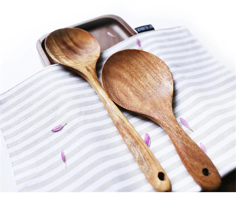 1-7pcs Teak Wood Tableware Set – Natural Wooden Spoons, Colander Spoon & Soup Skimmer Cooking Tool Kit