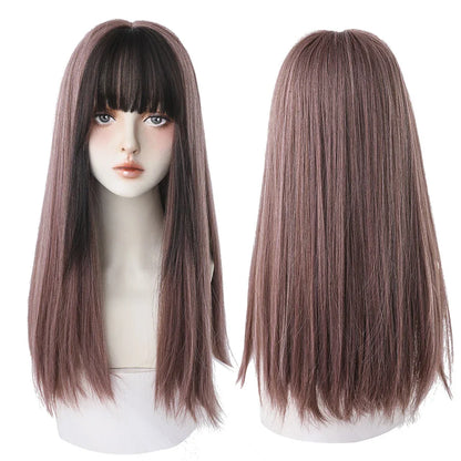 7JHHWIGS Long Straight Light Brown Synthetic Wig with Bangs – Heat-Resistant Daily Wear Wig for Women