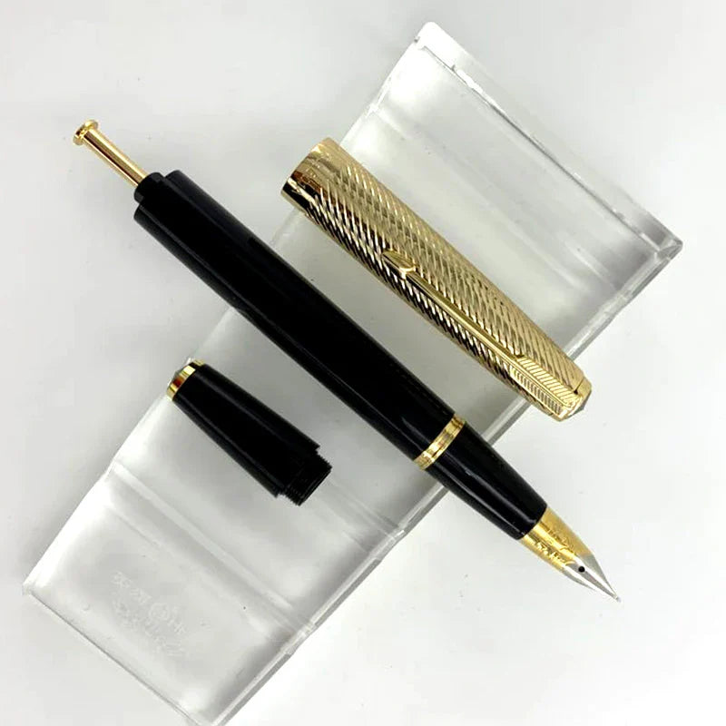 Yong Sheng 601A Wave Fountain Pen – Golden Cap, Fine Nib, Dark Blue Vacumatic, Luxury Gift for Office