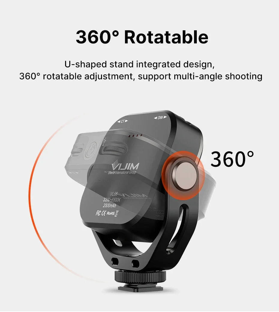 Ulanzi Vijim VL66 Adjustable LED Video Light – 360° Rotatable, Rechargeable Fill Light for DSLR, SLR & Mobile