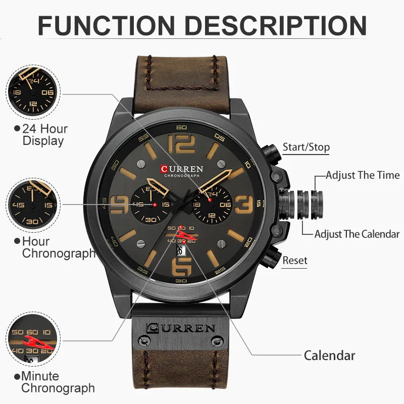 CURREN Men's Luxury Waterproof Sport Watch – Chronograph Quartz Military Wristwatch with Genuine Leather Strap