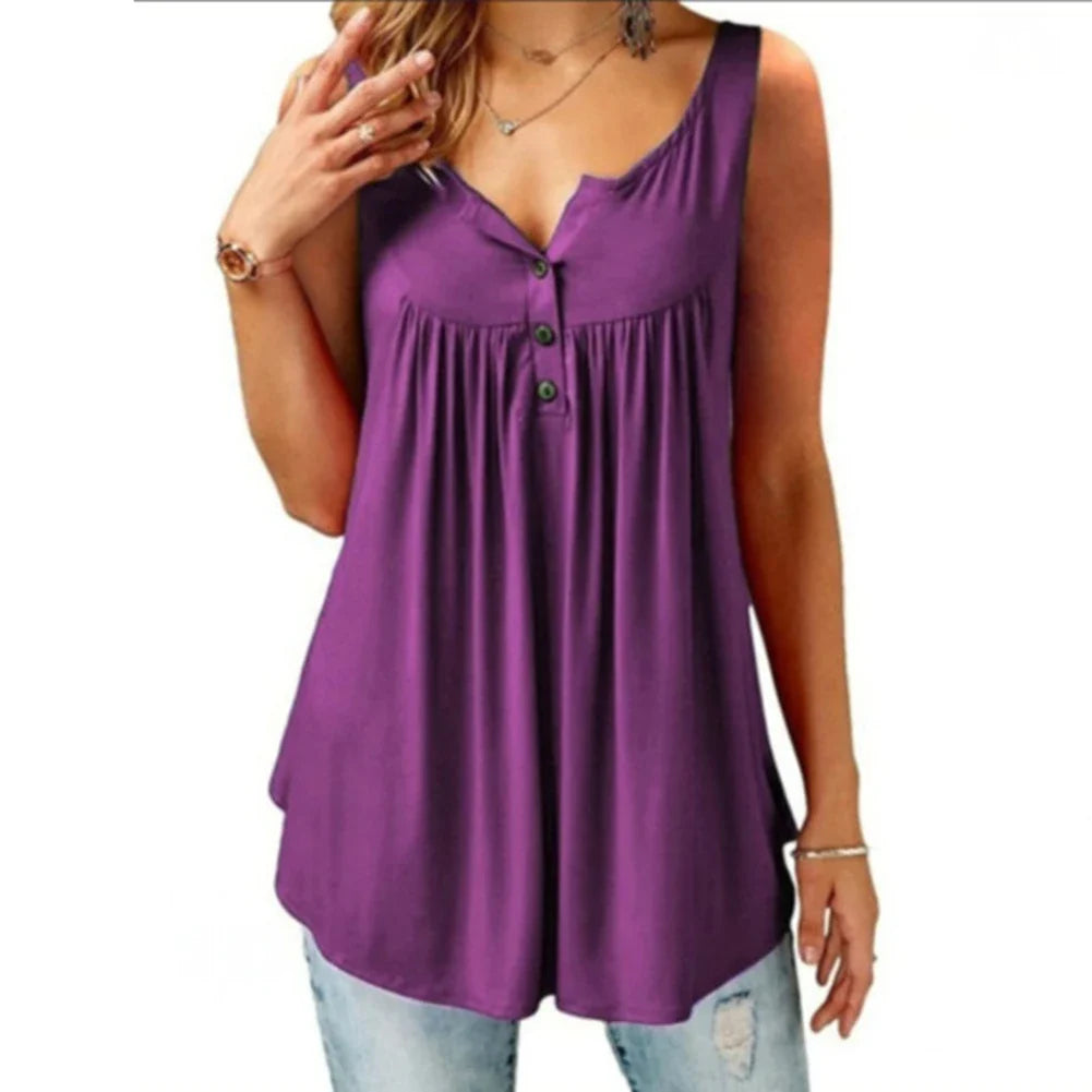 Women’s Loose U Neck Tank Top - Sleeveless Pleated Button Camisole Summer Vest