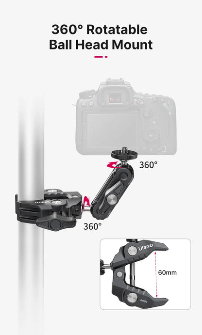 Ulanzi R094 Metal Super Clamp with 360° Ball Head Magic Arm, 1/4" & 3/8" Holes for DSLR Camera, Monitor, Light, Mic, and Rod Mount