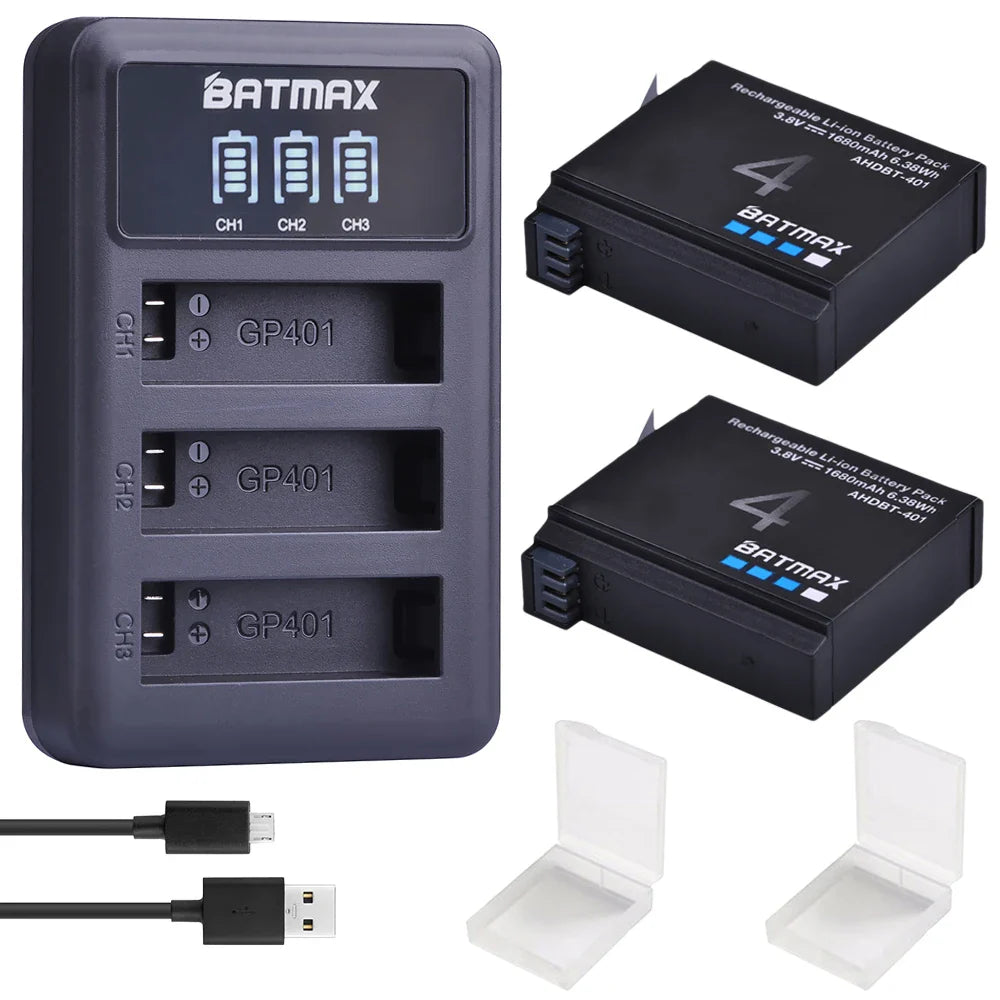 Batmax 1680mAh GoPro HERO4 Replacement Battery with 3-Slot LED USB Charger for AHDBT-401 Action Camera Accessories