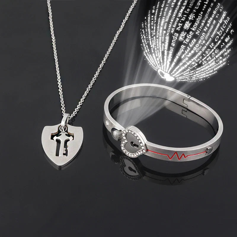 Couple Jewelry Set – Stainless Steel Love Heart Lock Bracelets & Key Pendant Necklace for Men & Women Gift