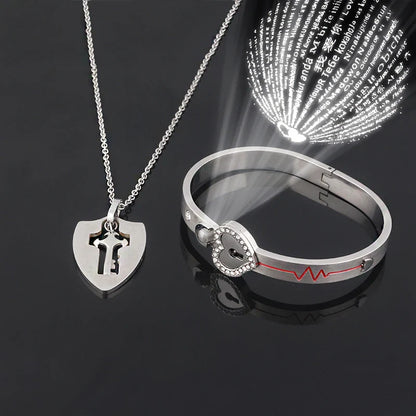 Couple Jewelry Set – Stainless Steel Love Heart Lock Bracelets & Key Pendant Necklace for Men & Women Gift