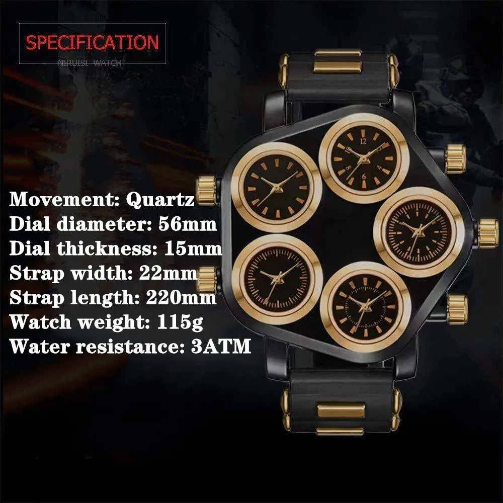 Five Movement Men's Quartz Watch – Large Dial Hip Hop Punk Style Sport Watch for Men