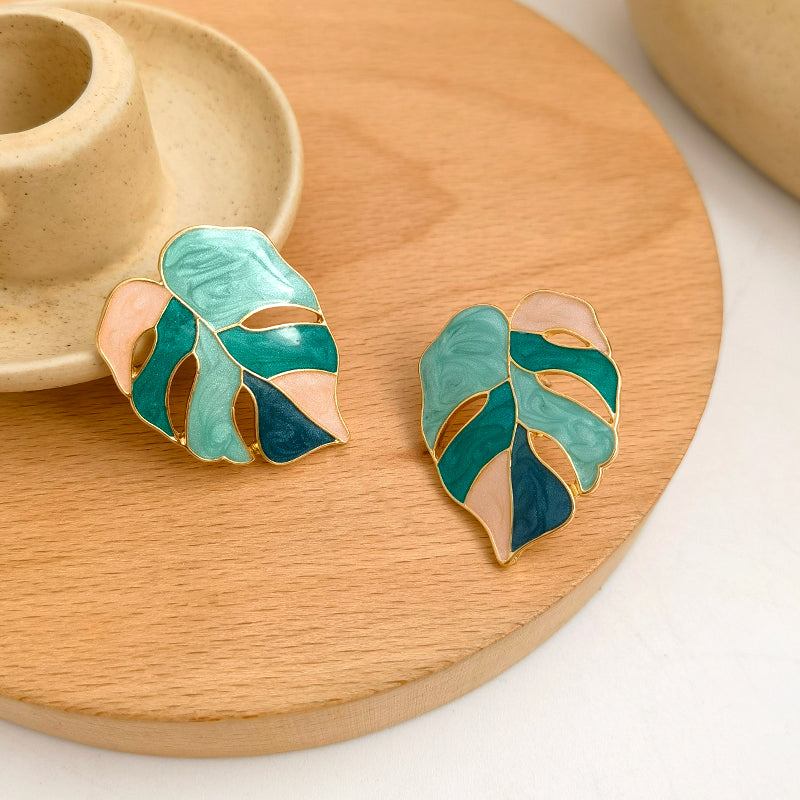 925 Silver Leaf Earrings for Women – Modern Geometric Green & White Trendy Jewelry Gift