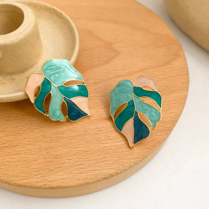 925 Silver Leaf Earrings for Women – Modern Geometric Green & White Trendy Jewelry Gift