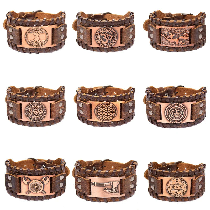 Totem Design Wide Leather Pirate Compass Bracelet - Men's Celtic Viking Jewelry, Party Gift Accessories