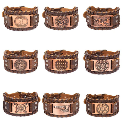 Totem Design Wide Leather Pirate Compass Bracelet - Men's Celtic Viking Jewelry, Party Gift Accessories