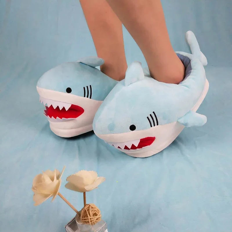 Feerldi Shark Winter Slippers — Cartoon Anime Slip-On Fish Slides for Girls, Boys & Women, Plush Open-Mouth Cotton Shoes