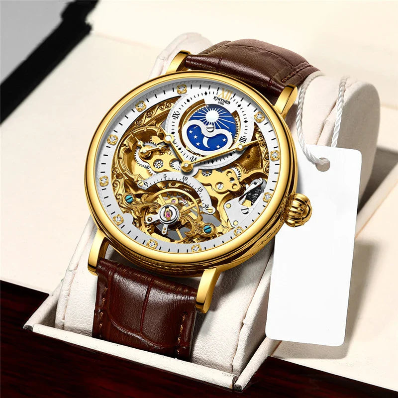 KINYUED Men’s Luxury Rose Gold Skeleton Tourbillon Automatic Watch – Waterproof Mechanical Wristwatch