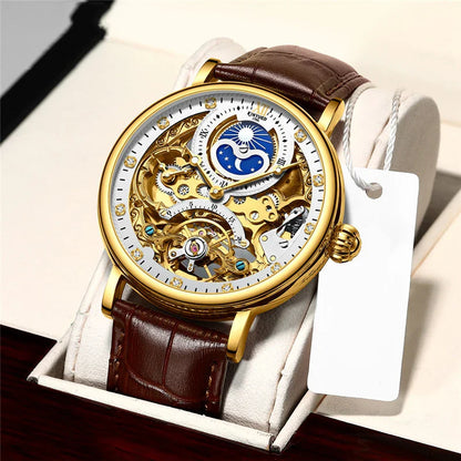 KINYUED Men’s Luxury Rose Gold Skeleton Tourbillon Automatic Watch – Waterproof Mechanical Wristwatch