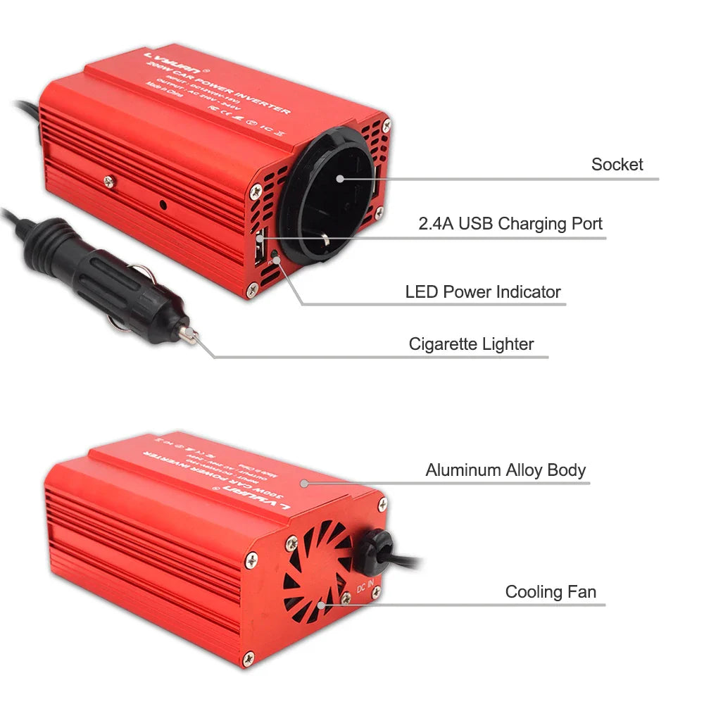300W Car Power Inverter - DC 12V to AC 110V/220V Dual USB Adapter Converter with Modified Sine Wave, EU & US Sockets