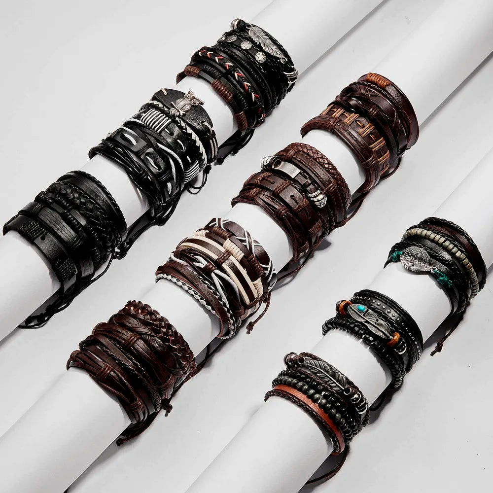 Men's Vintage Multilayer Leather Braid Bracelet - Handmade Star, Leaf & Owl Rope Wrap Bangle, Male Gift Jewelry