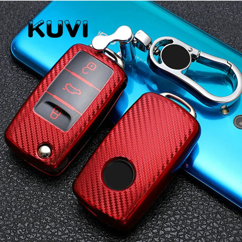 TPU Carbon Fiber Car Key Case Cover for VW & Skoda – Fits Polo, Tiguan, Passat B5 B6 B7, Golf 4 5 6 MK6, Jetta, Lavida, Octavia