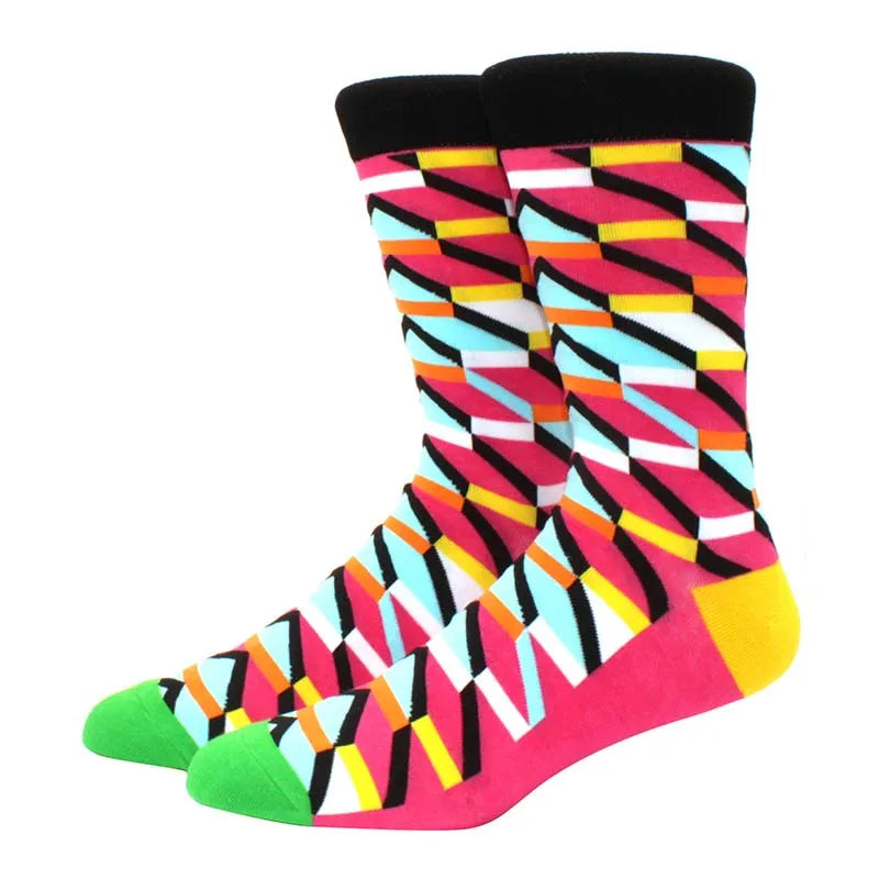 Men’s Funny Argyle Diamond Pattern Cotton Socks – Large Size 3D Geometric Crew Tube Socks, Combed Cotton Casual Novelty Socks