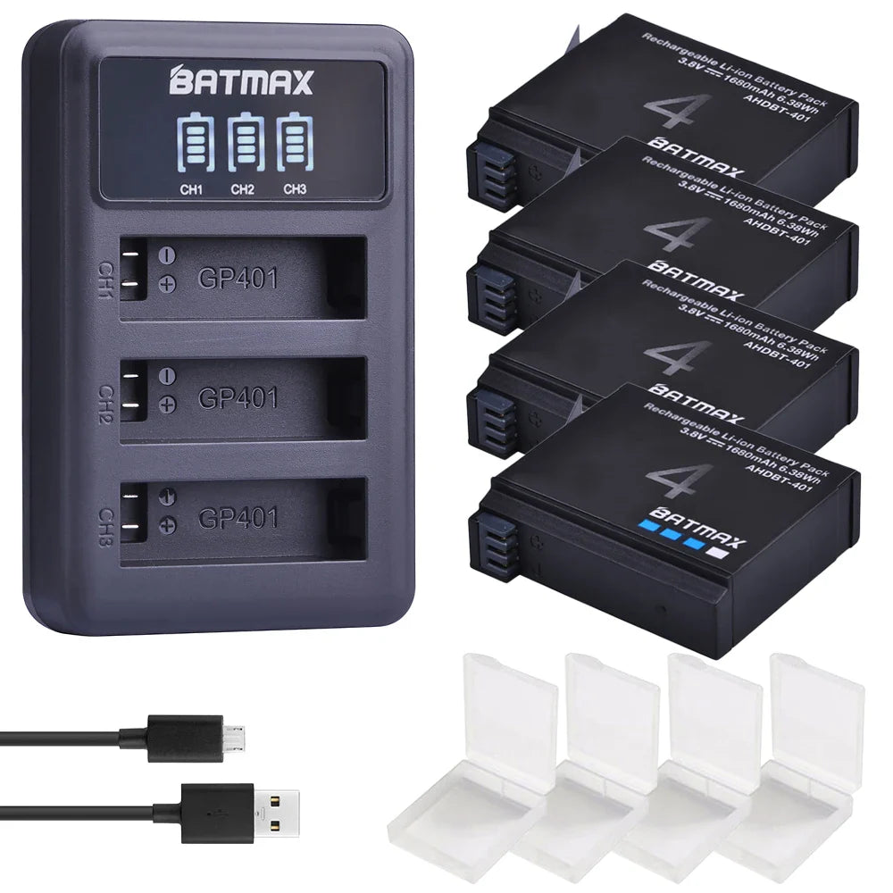 Batmax 1680mAh GoPro HERO4 Replacement Battery with 3-Slot LED USB Charger for AHDBT-401 Action Camera Accessories