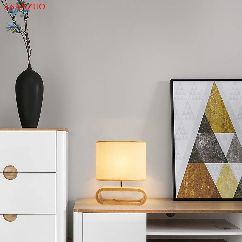 Nordic Wood Base Table Lamp with Cloth Lampshade - E27 Bedside, Desk & Reading Light for Living Room & Bedroom