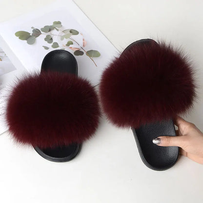 Women’s Summer Fluffy Fur Slippers — Real Fox Fur Non-Slip Flat Slides & Sandals, Large Size