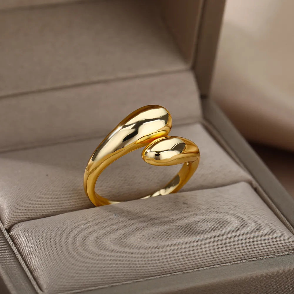 Stainless Steel Smooth Double Ball Beads Rings: Open Gold Color Geometric Wedding Couple Rings - Aesthetic Jewelry Gift for Women