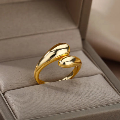 Stainless Steel Smooth Double Ball Beads Rings: Open Gold Color Geometric Wedding Couple Rings - Aesthetic Jewelry Gift for Women