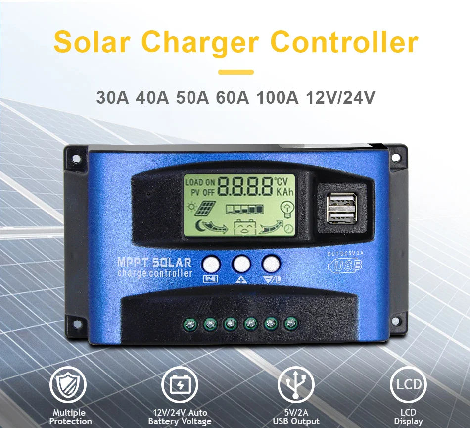 MPPT Solar Charge Controller — 30A-100A Dual USB LCD Regulator for 12V/24V Solar Panels with Load Control