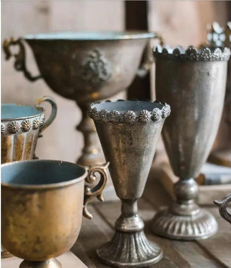 European Retro Iron Goblet Vase — Metal Flowerpot for Home, Living Room, Hotel & Flower Arrangement Decor