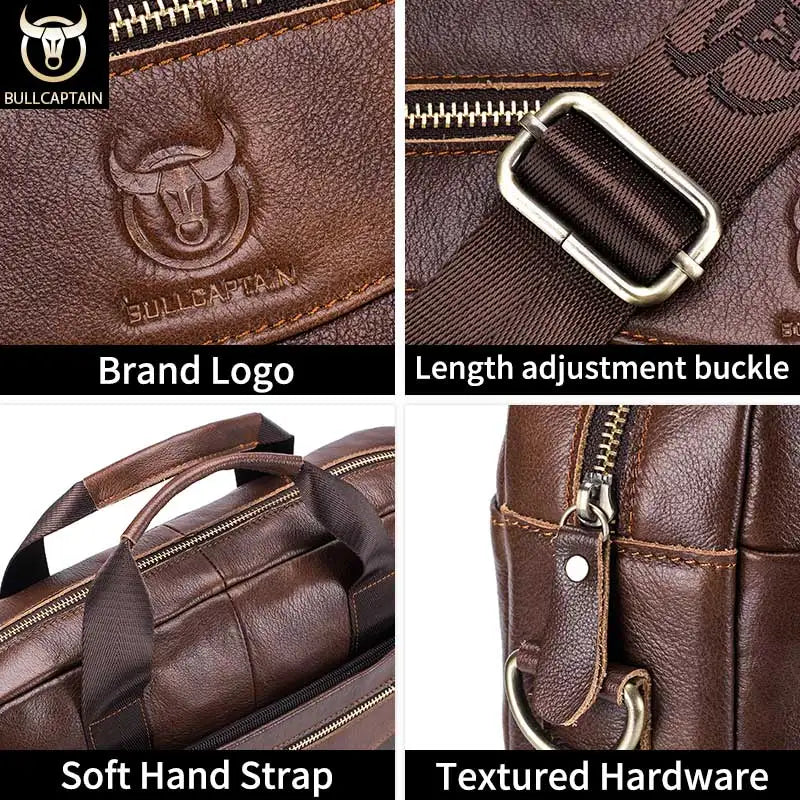 BULLCAPTAIN Men's Genuine Leather Briefcase – 14-Inch Laptop Shoulder Messenger Bag for Business & Office