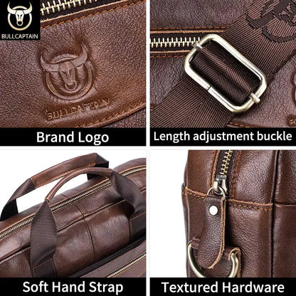 BULLCAPTAIN Men's Genuine Leather Briefcase – 14-Inch Laptop Shoulder Messenger Bag for Business & Office