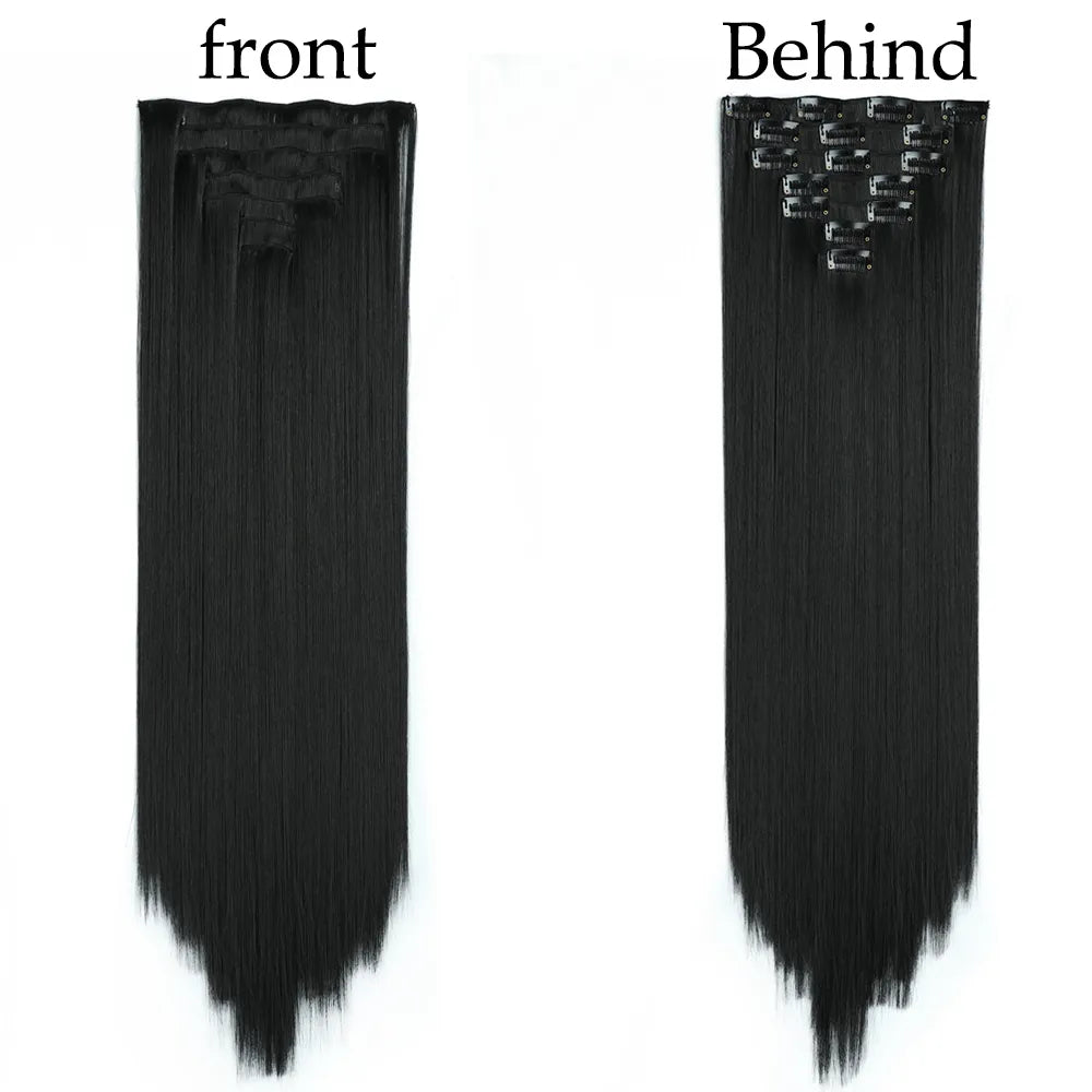 24-Inch Long Straight Synthetic Hair Extensions - Blonde & Black, Heat Resistant, 16 Clips-In Hairstyle Enhancement