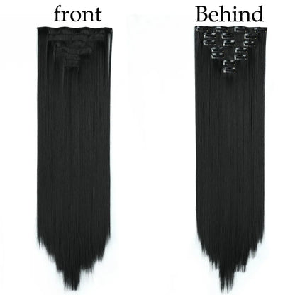 24-Inch Long Straight Synthetic Hair Extensions - Blonde & Black, Heat Resistant, 16 Clips-In Hairstyle Enhancement