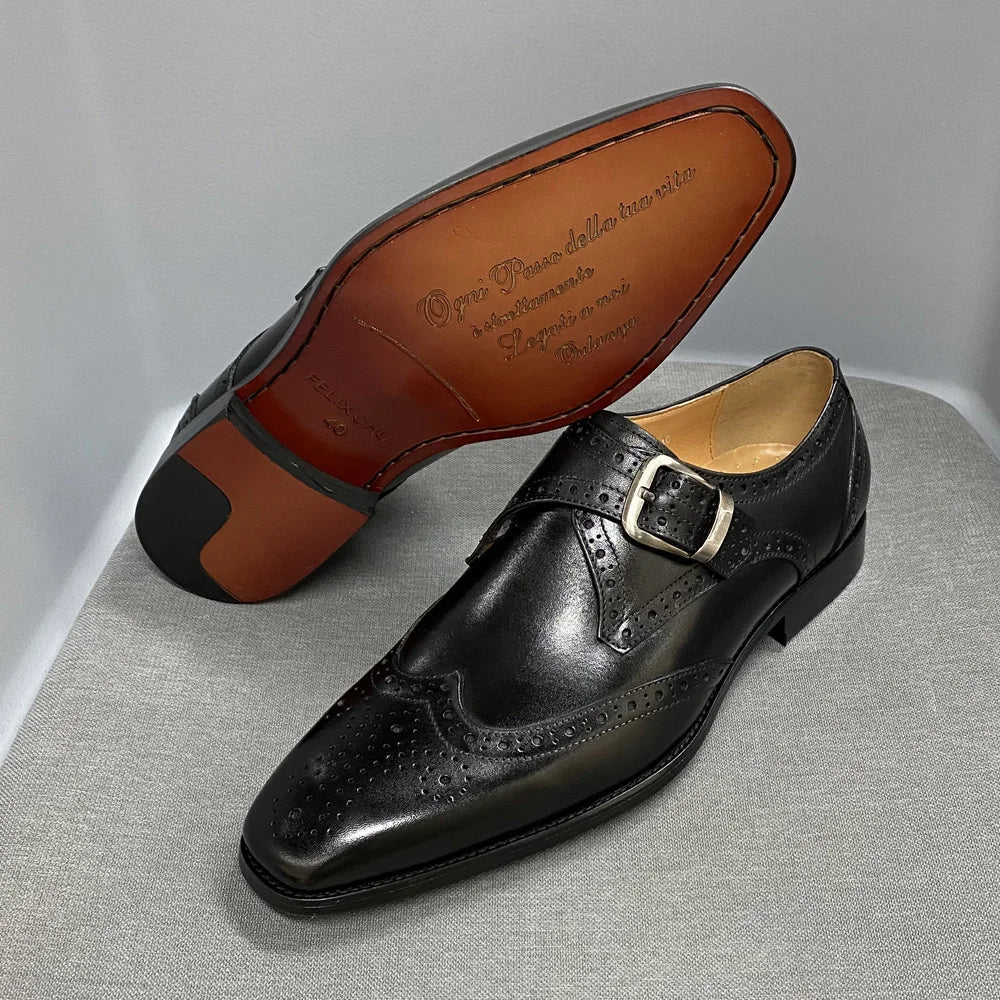 Men’s Luxury Leather Dress Shoes – Italian Wingtip Oxfords & Monk Strap Buckle Brogue for Business, Wedding & Formal Wear