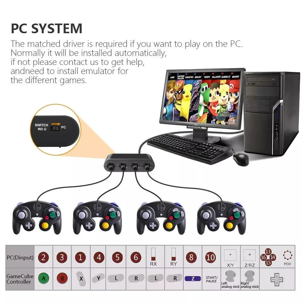4-Port GameCube Controller Adapter – USB Converter for Nintendo Switch, Wii U, PC, and NGC – Star Fighting Game Support