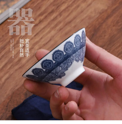 70ML Handmade Blue & White Porcelain Tea Cup – Dragon, Phoenix & Fish Pavilion Design for Chinese Kungfu Tea Ceremony