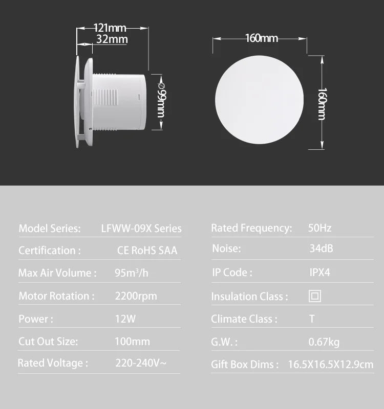 230V 4" 100MM Duct Extractor Fan – Smart Bathroom Exhaust with Timer, Humidistat, and Humidity Sensor for Shower & Toilet
