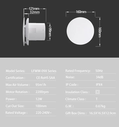 230V 4" 100MM Duct Extractor Fan – Smart Bathroom Exhaust with Timer, Humidistat, and Humidity Sensor for Shower & Toilet