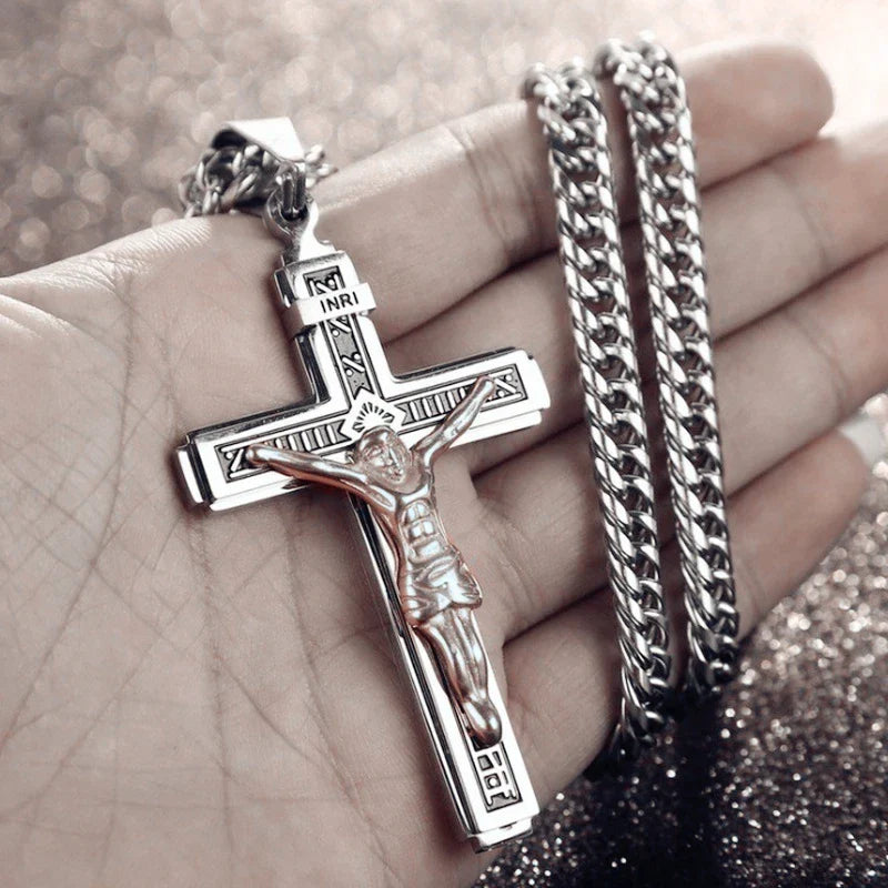 Vintage Jesus Cross Pendant Necklace – Catholic Christian Amulet Jewelry for Men & Women Religious Prayer Gift