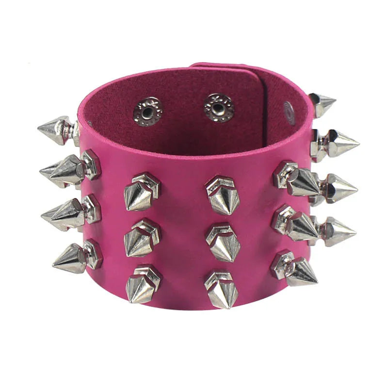 90s Punk Style Bracelet – PU Leather with 3 Rows of Spikes & Square Studs, Fashion Bangle for 2024
