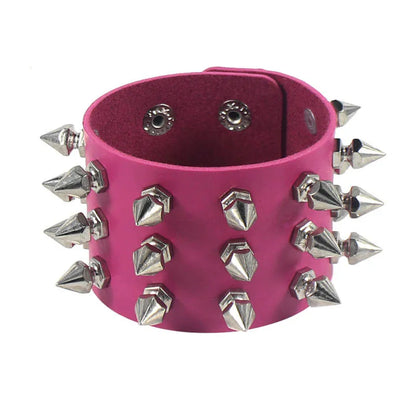 90s Punk Style Bracelet – PU Leather with 3 Rows of Spikes & Square Studs, Fashion Bangle for 2024