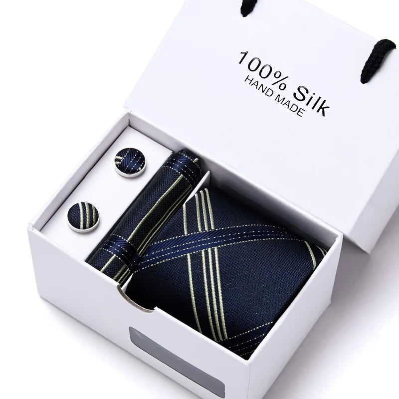 100% Silk Tie Gift Set - Classic Striped Wedding Necktie with Handkerchief for Men