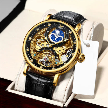 KINYUED Men’s Luxury Rose Gold Skeleton Tourbillon Automatic Watch – Waterproof Mechanical Wristwatch