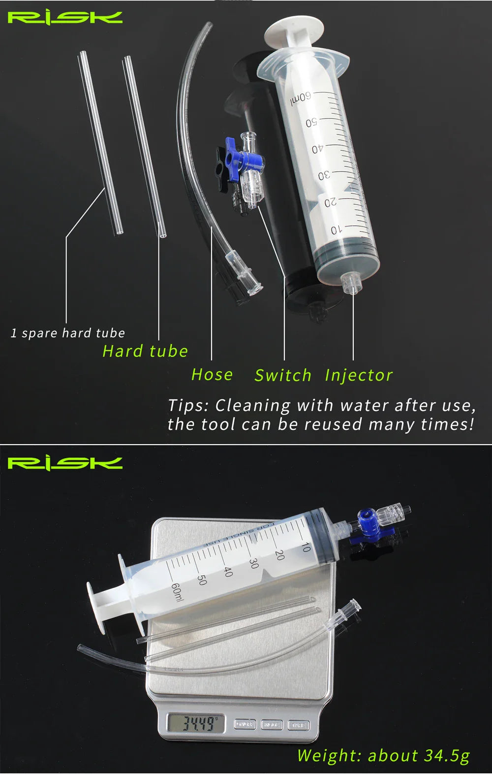 RISK RL225 Tubeless Tyre Sealant Injector — Bike Syringe with Schrader & Presta Valve Core Remover