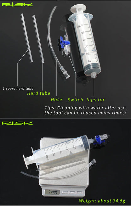 RISK RL225 Tubeless Tyre Sealant Injector — Bike Syringe with Schrader & Presta Valve Core Remover