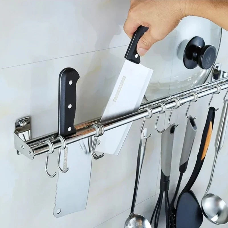 Wall Mounted Stainless Steel Utensil Rack – Kitchen Hanging Rail with 6/8/10 Removable Hooks Organizer
